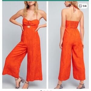 Anthropologie Elevenses Bright Orange Tropicale One-Piece Halter Jumpsuit Size 0